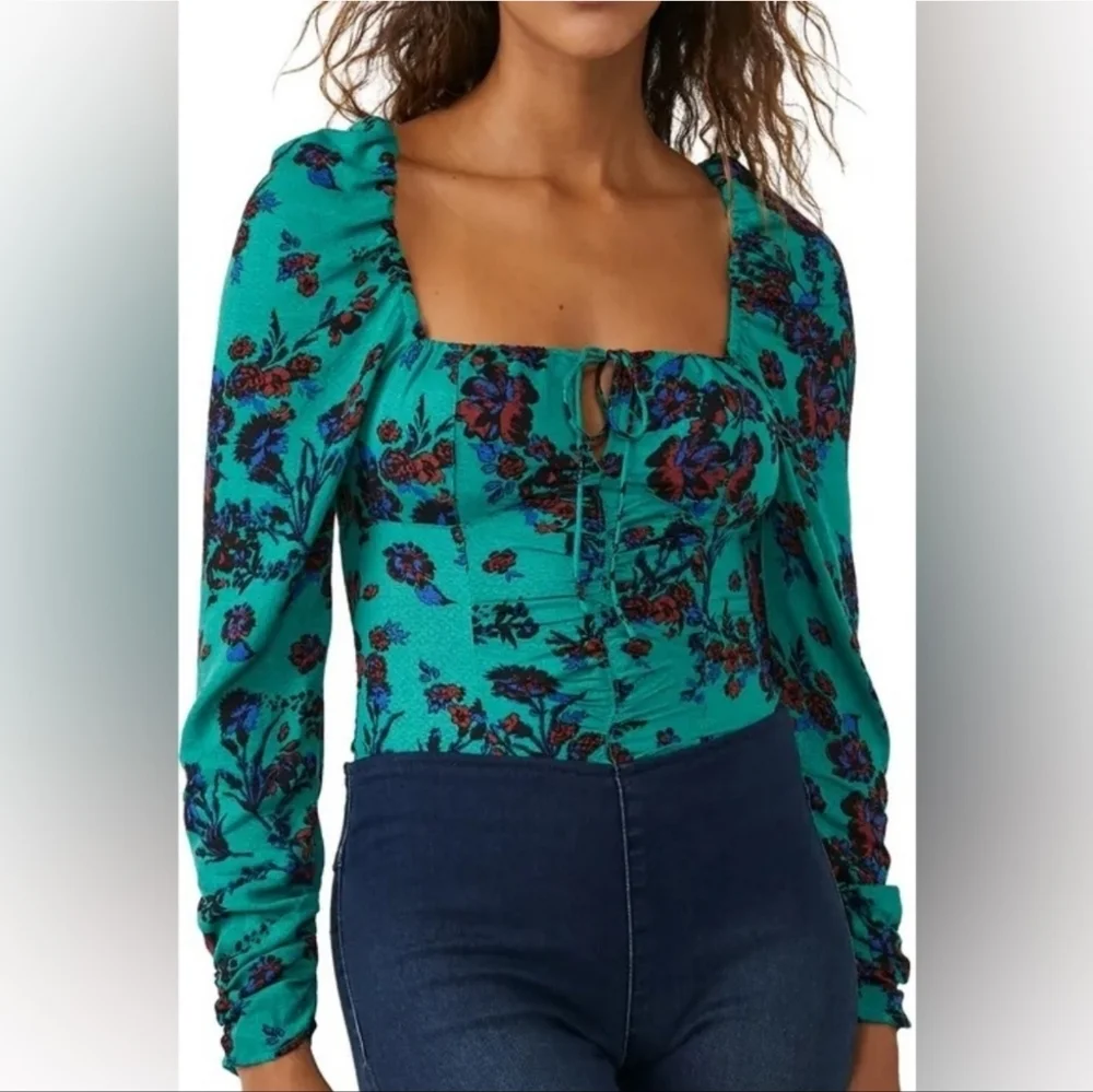Free People Hilary Floral‎ Teal Long Sleeve Women's Top